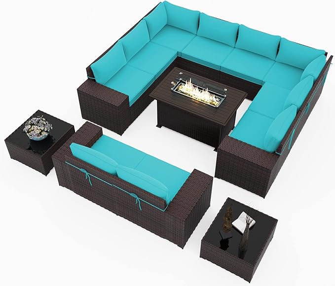 13 PCS Outdoor Patio Furniture Set,Outdoor Sectional Furniture with 43" 55000 BTU Gas Propane Fire Pit Table,All Weather PE Rattan Wicker Patio Conversation Set,Turquoise Blue