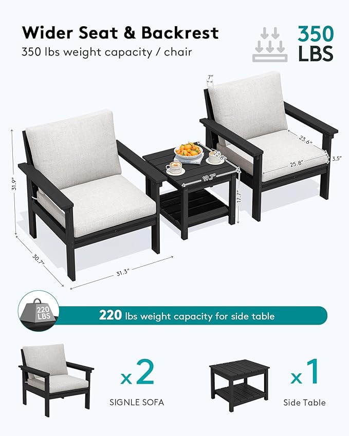SERWALL HDPE Patio Sofa Set, 3-piece Sectional Outdoor Furniture Set, All Weather Outdoor Couch Set Patio Furniture Set for Deck, Lawn, Black Frame with Khaki Cushion