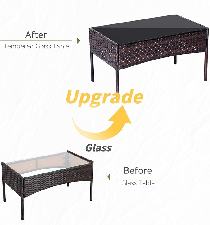 Patio Furniture Set 4 Pieces, Outdoor Rattan Furniture with Tempered Glass Coffee Table, Modern Rattan Patio Chairs Conversation Sets with Sofa for Garden, Terrace, Porch, Lawns Brown/Blue