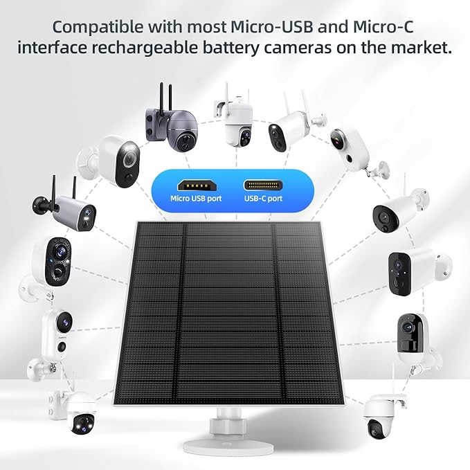 5W Solar Panel for Security Camera, Solar Panel with Micro USB & USB-C Port for DC 5V Outdoor Rechargeable Battery Camera, IP65 Waterproof, 360?? Adjustable Security Mount, 9.8ft Cable(White 1PC) - Image 7