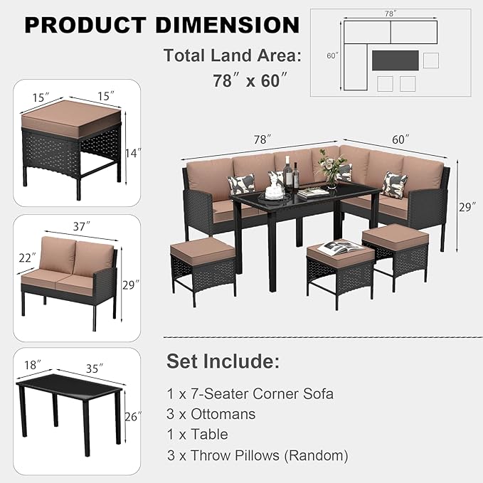 7 Pieces Patio Conversation Set, Outdoor Furniture Sectional with Throw Pillows and Anti-Slip Cushions, PE Rattan Sofa Set with Dining Table & Ottomans, Khaki