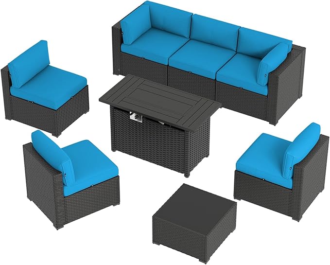 Aoxun 8 Piece Patio Furniture Set with 44” Fire Pit Table, Wicker Rattan Patio Sectional Sofa, Outdoor Furniture Set with Thickened Cushion, Light Gray