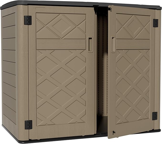 ZZM Large Outdoor Storage Shed, 48 Cu Ft Resin Versatile Storage Cabinet for Patio Accessories, Trash Cans & Garden Tools, Durable Horizontal Storage Box with Lockable Lid (Coffee) by ZZM