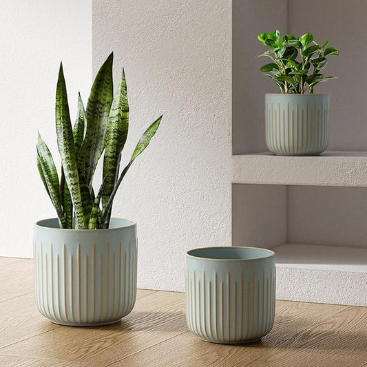 LE TAUCI Ceramic Pots for Plants, 8.3/7/6 Inch Indoor Planters with Drainage Holes & Mesh, Modern Glossy Glaze Cylinder Fluted Plant Pot for Snake Plant, Set of 3, Mist Gray