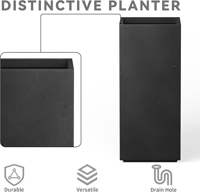 Kante 20.3" H Tall Rectangular Concrete Planter, Modern Square Diameter Plant Pot with Drainage Hole and Rubber Plug for Indoor Outdoor Home Patio Garden, Black