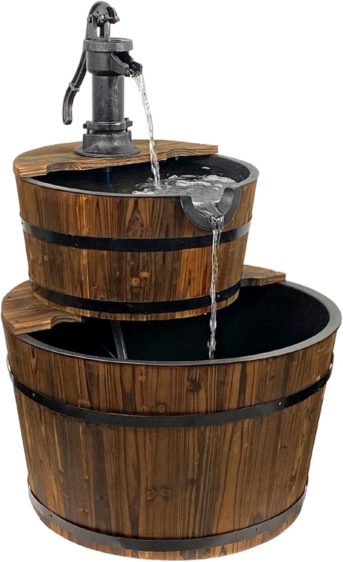 Extra Large Cascading Water Fountain for Outdoor Outside Patio Yard | Decorative 2-Tier Wood Barrel Fountain with Pump | 37.5" Tall Garden Waterfall Fountain