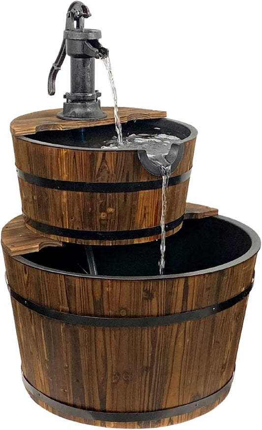 Extra Large Cascading Water Fountain for Outdoor Outside Patio Yard | Decorative 2-Tier Wood Barrel Fountain with Pump | 37.5" Tall Garden Waterfall Fountain