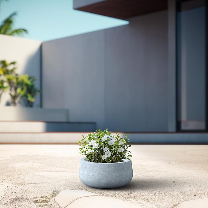 Kante 15.7" Dia Round Concrete Planter, Outdoor Indoor Garden Plant Pots with Drainage Hole and Rubber Plug, Modern Curvaceous Design, Slate Gray