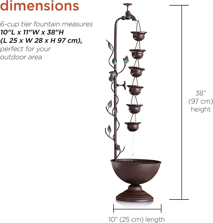 Alpine Corporation MAZ254 Outdoor Floor Tiered Vintage Water Fountain w/ 6 Hanging Cups, Soothing Tier Waterfall, 38", Bronze