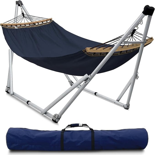 Tranquillo Ultimate Relaxation Portable Hammock Stand, Foldable Hammock Stand with Canvas Hammock, Spreader Bar, Quick Fold Unfold in 30 Seconds Steel Frame Hammock 600 lbs Capacity, White/Navy by Tranquillo