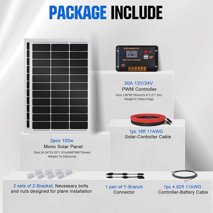 ECO-WORTHY 200 Watts 12 Volt/24 Volt Solar Panel Kit with High Efficiency Monocrystalline Solar Panel and 30A PWM Charge Controller for RV, Camper, Vehicle, Caravan and Other Off Grid Applications - Image 6