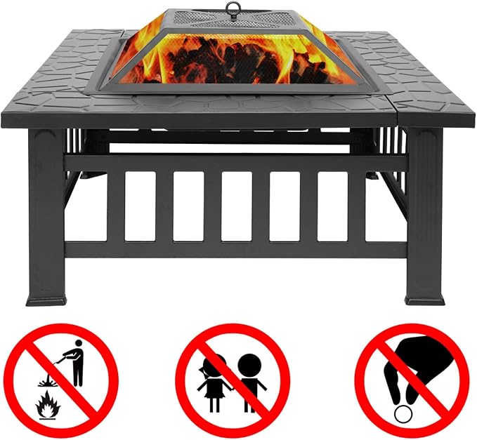 32in Portable Square Fire Pits,Modern Large Camping Fire Bowl,Metal Outdoor Wood Burning Firepit,Outside Bonfire Fireplace,with Spark Screen,for Patio Garden Campfire Party Backyard (Black) - Image 9