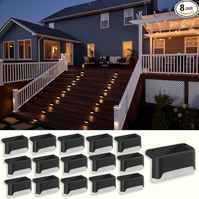 Solar Deck Lights Outdoor, 16 PCs LED Fence Lights Waterproof, Garden Decorative Step Lights for Patio Porch Stairs Yard Driveway Pathway (Warm White, 16-Pack)