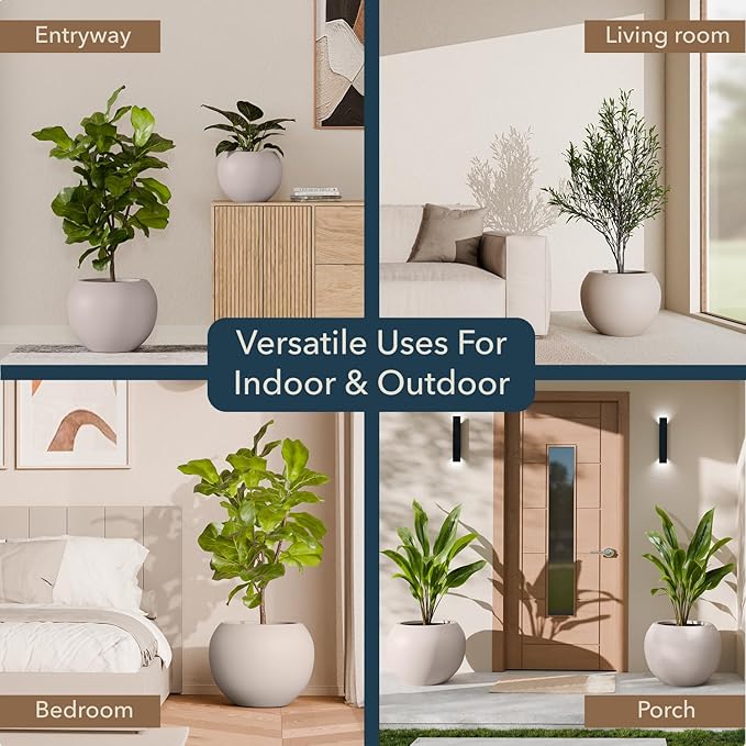 16" H x 20" D Premium Globo Fiberstone Round Planter with Drainage Hole, Smooth Finishes, Weather Resistant for Indoor and Outdoor Use, Included 2 Extra Coco Mats (Taupe, 13.5" Pot Opening)
