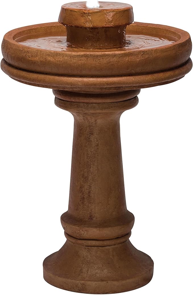 Alpine Corporation TZL202 Outdoor Floor Vintage Pedestal Water Fountain with Bird Bath and LED Lights, 29", Brown
