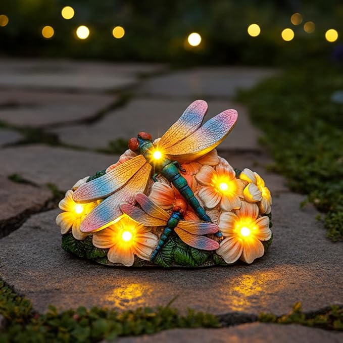 Dragonfly Solar Garden Statues Outdoor Decor5.5"-Waterproof Resin Yard Art with 5 LED Lights,Gradient Wings Figurine for Patio Lawn Porch,Unique Gardening Gifts for Women Mom Grandma Housewarming