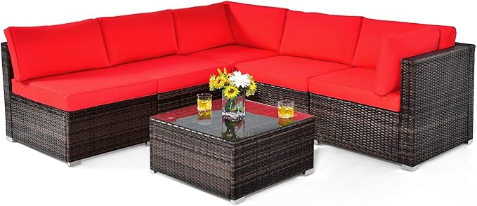 Tangkula 6 Pieces Patio Furniture Set, Outdoor Wicker Conversation Set with Glass Coffee Table, Wicker Sofa Set with Cushions, Rattan Sectional Conversation Set for Backyard Garden Poolside, Red