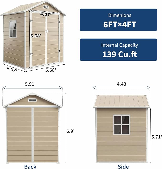 Resin Outdoor Storage Sheds 4x6 ft, Upgraded Double-Wall Outdoor Plastic Shed with Window & Double Doors, Waterproof Lockable Garden Shed (Light Brown, 6 X 4 ft) - Image 3