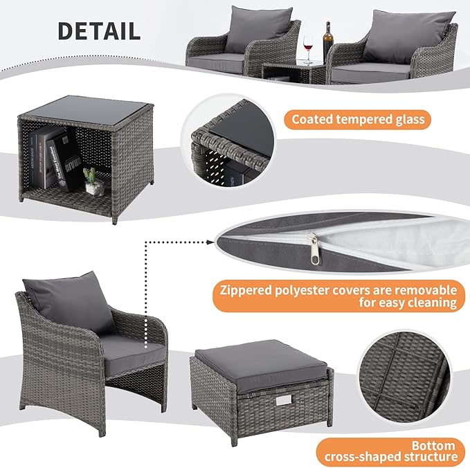 HOMREST 5 Piece Balcony Furniture, All Weather PE Wicker Rattan Patio Furniture Set, Cushioned Patio Chairs Set of 2 w/Ottoman&Table, Outdoor Lounge Chair for Lawn Pool Balcony, Grey