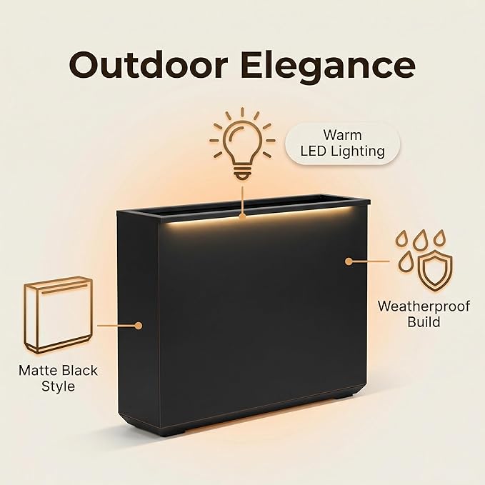 Wallowa Metallic Heavy Planter with Two Led Light Strips, 38Lx10Wx30H Inches Tall and Long Metal Divider Planter Box with Hand Brushed Gold Edge for Outside & Indoor, No Assembly (Black)