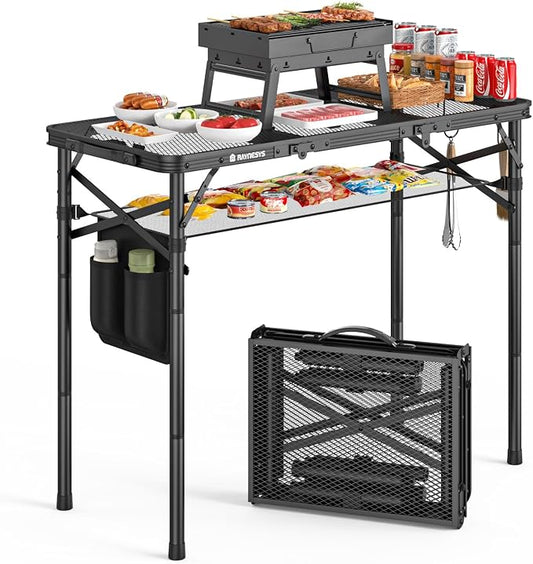 Raynesys Tri-fold Camping Table, 35.43"x15.75", Aluminum Frame Folding Tables, 3 Heights Adjustable Grill Table with Storage Bag, Portable Handle for Picnic Cooking BBQ Camping Outdoor, Black by Raynesys