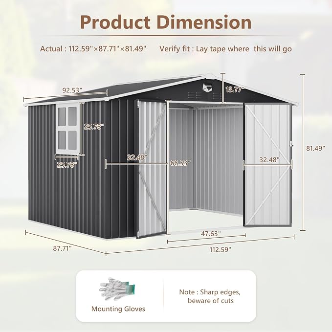 10x8 FT Outdoor Storage Shed, Metal Garden Shed - Tool Storage Sheds with Lockable Doors & 1 Clear Window, Waterproof Outside Storage Building for Backyard, Patio (Black; Floor Not Included) - Image 4