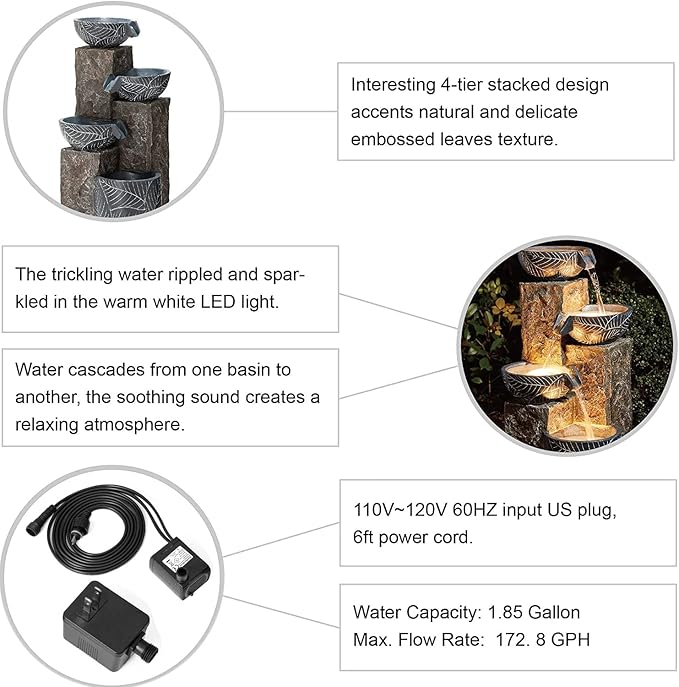Glitzhome 32.75" H Outdoor Garden Water Fountain with LED Lights and Pump, Natural Leaf Textured 4-Tier Resin Cascading Floor-Standing Fountain for Porch Deck Patio Backyard Decoration