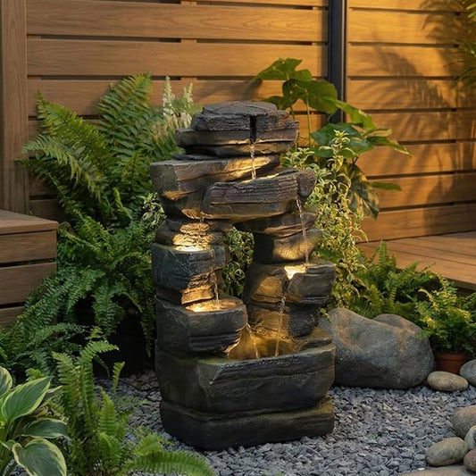 26.4" Outdoor Water Fountain with LED Lights, Stacked Rock Waterfall Fountain, Resin Garden Water Feature for Arch Design, Freestanding Patio, Yard