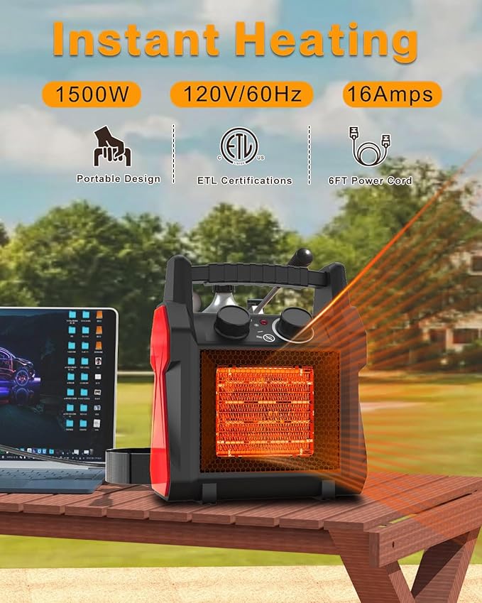 AgiiMan Outdoor Heater for Patio, 1500W Portable Electric Heater with Tip-Over & Overheat Protection, Space Heaters with 3 Heating Modes and Quiet Fan for Garage, Greenhouse, Indoor Outdoor Safe Use