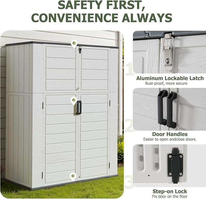 Aoxun 61 Cu.Ft Outdoor Storage Shed with Metal Shelving Kit, Widened Outdoor Storage Cabinet Waterproof Vertical Resin Shed with Floor for Garden Tools, Pool Equipment, Easy to Assemble (White) - Image 7