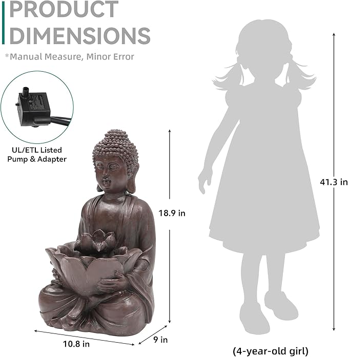 Zen Buddha Water Fountain Outdoor, 19" H Handcrafted Buddha Statue Water Feature with Soothing Waterfalls & Lights, Peaceful Oasis for Garden Patio Yard Deck Living Room Floor Tabletop Decor