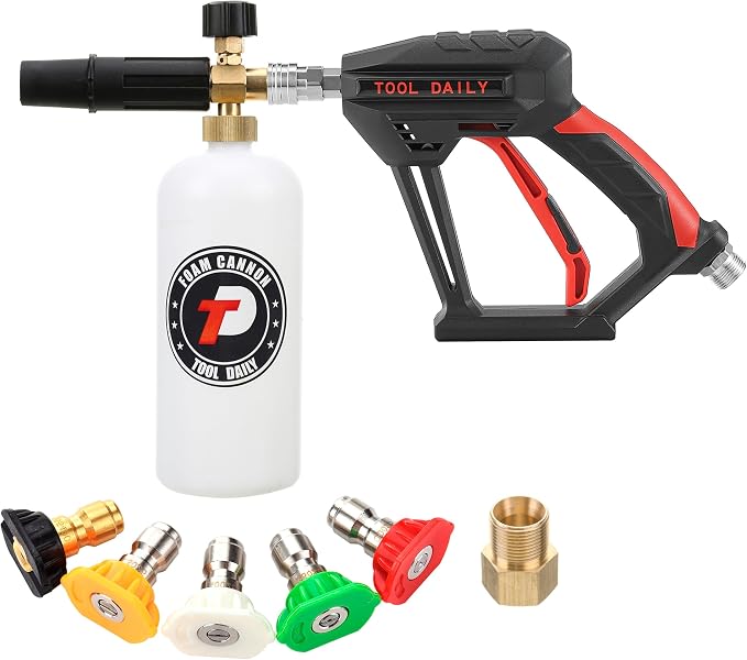 Tool Daily Short Pressure Washer Gun with Foam Cannon, 1/4 Inch Quick Connector, with 5 Pressure Washer Nozzle Tips, 1 Liter by ToolDaily