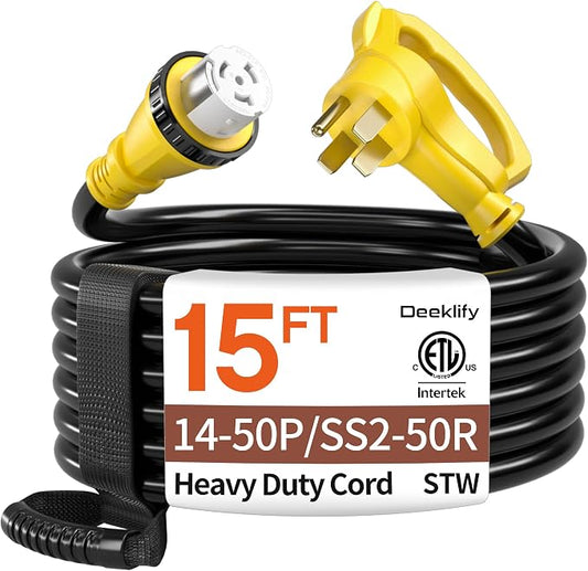 15FT 50 Amp Generator Cord, NEMA 14-50P/SS2-50R Heavy-Duty 4 Conductors Cable, Pure Copper STW RV Extension Cord, Female Plug with Twist Lock, Suitable for RV or Camper, ETL Listed by Deeklify