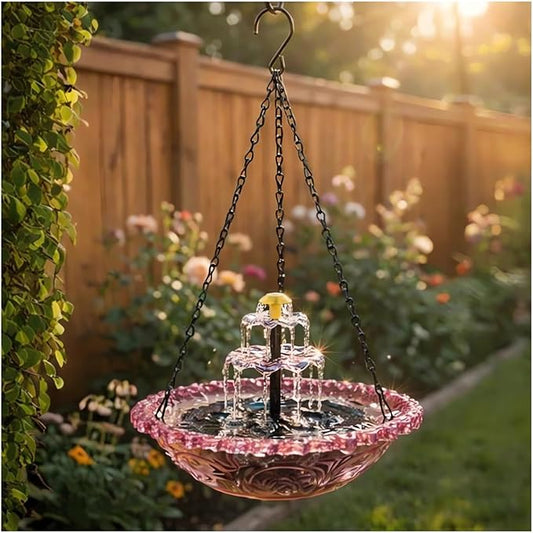 2026 Solar Cascade Hanging Bird Bath Fountain Solar Powered Birdbath Water Fountain Pumps Dispenser Outdoors Decor Hummingbird Bath Shower Bowl Kit Garden Gift Yard Patio Backyard Decoration (Pink)