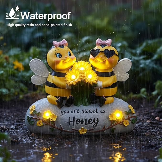 Solar Bee Lights Garden Statues 5.5" Resin Bee Figurine Waterproof Yard Lawn Patio Decorations Birthday Housewarming Gifts for Mom Wife Women Honeybee Decor Garden Sculptures with Sunflowers