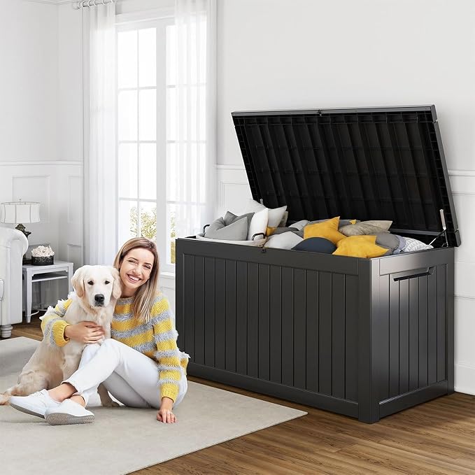 PatioZen 230 Gallon Resin Deck Box, Lockable Patio Outdoor Storage Box for Furniture, Garden Tools and Tools Storage, Waterproof Outside Storage Boxes - Black - Image 4
