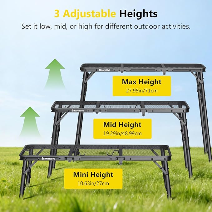 Raynesys Tri-fold Camping Table, 35.43"x15.75", Aluminum Frame Folding Tables, 3 Heights Adjustable Grill Table with Storage Bag, Portable Handle for Picnic Cooking BBQ Camping Outdoor, Black - Image 2