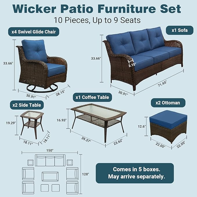 Patio Furniture Set, 10PCS Outdoor Wicker Conversation Set with 6" Thick Cushions, High Back Rattan Sofa & Swivel Rocker Chairs, Weather Resistant Olefin Fabric for Garden, Poolside, Navy Blue