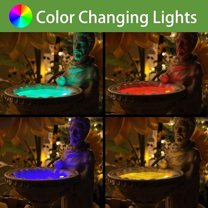 St Francis Garden Statue Outdoor Solar Garden Decor Resin Colorful Lights St Francis Statue with Bird Bath Feeder for Yard Patio Lawn Decoration Religious Gardening Gifts 4.5 * 6.5 * 10.5 in