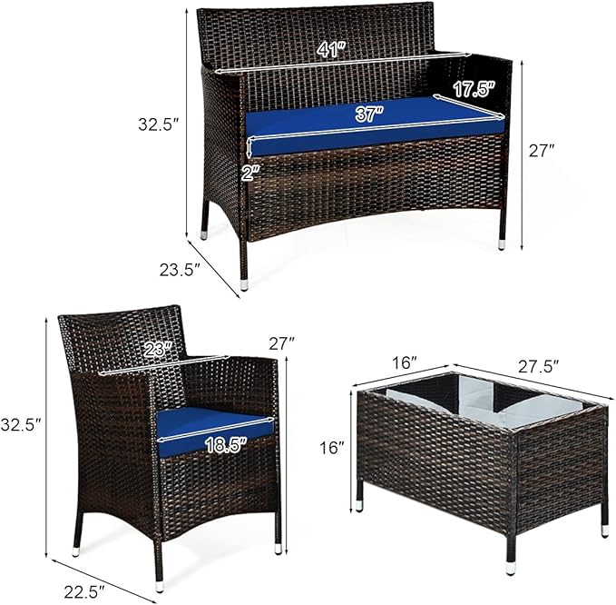 8 Pieces Patio Sofa Set, Wicker Conversation Set with Ergonomic Curved Backrest, Water-Resistant Cushion & Tempered Glass Table for Balcony, Porch (Navy Blue)