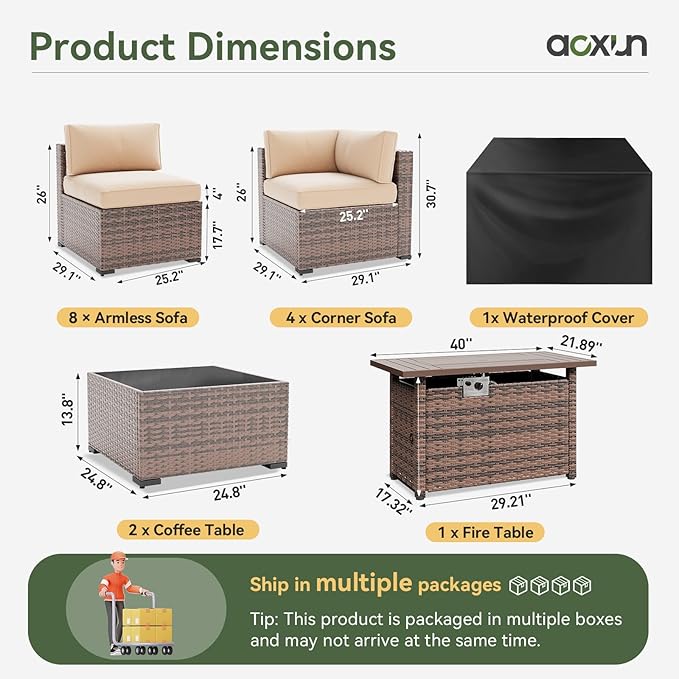 Aoxun 15 Piece Patio Furniture Set with 44” Fire Pit Table, Wicker Rattan Patio Sectional Sofa, Outdoor Furniture Set with Thickened Cushion, Light Gray