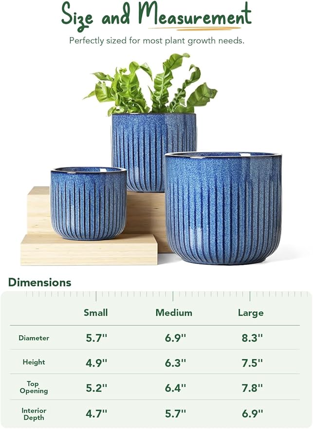 LE TAUCI Fluted Ceramic Plant Pots, 8.3/7/6 Inch Indoor Planters with Drainage Holes & Mesh, Modern Glossy Glaze Cylinder Flower Pot for Snake Plant, Set of 3, Harbor Blue