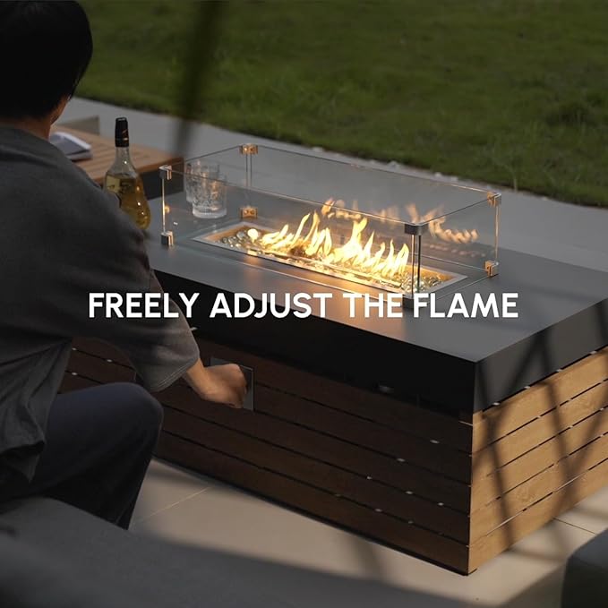 homary Patio Conversation Sets with Fire Pit-Modular Outdoor Sofa Aluminum & Teak Outdoor Sofa Se with Glass Wind Guard Ideal for Patios & Balconies, Light Gray