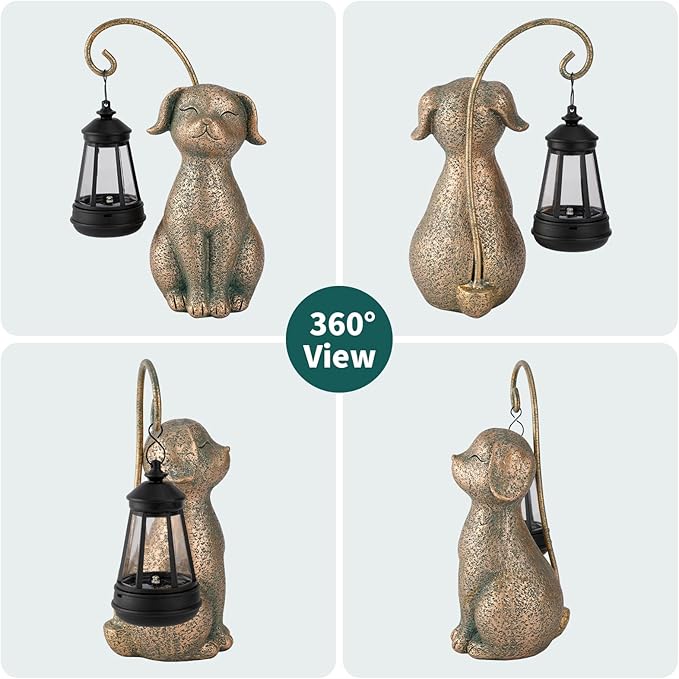 Solar Garden Decor Dog Statues with Lantern,Waterproof Resin Solar Outdoor Statue Decoration for Yard, Lawn, Flower Bed, Backyard, Front Yard, Patio, Balcony – Gift for Dog Lovers