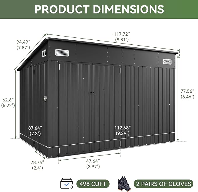 Aoxun 9.4' x 7.3' Shed 360 CU.FT Outdoor Waterproof Storage Shed with Triple Lockable Door Garden Metal Tool Shed for Outside - Image 2