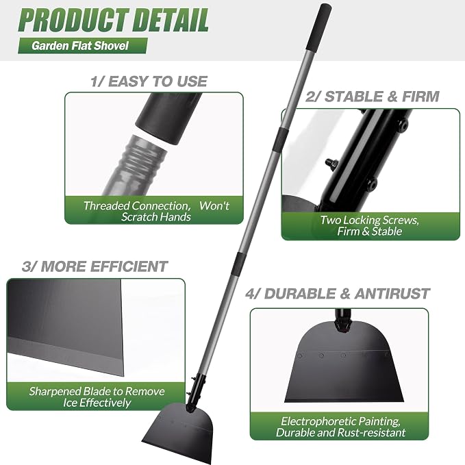 Walensee Flat Shovel, Heavy Duty Floor Scraper Long Handle for Weeding, Moss Removal, Lawn Edging & Outdoor Cleaning, Metal Garden Cleaning Shovel Scraper for Patio, Driveway, Sidewalk, Yard - Image 3