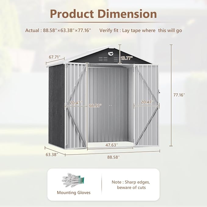 8X6 FT Outdoor Storage Shed, Metal Garden Shed, Storage Tool Sheds with Lockable Doors, Waterproof Outside Storage Building for Backyard, Patio (Black; Floor Not Included) - Image 3