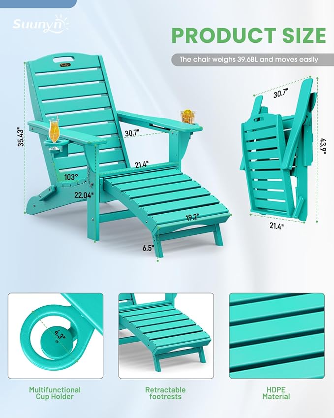 Folding Adirondack Chairs Set of 4,Adirondack Chair with Retractable Ottoman,Plastic Adirondack Chairs with 2 Cup Holder,Weather Resistant Patio Chair,Outdoor Chairs Set of 4(Lake Blue) - Image 3