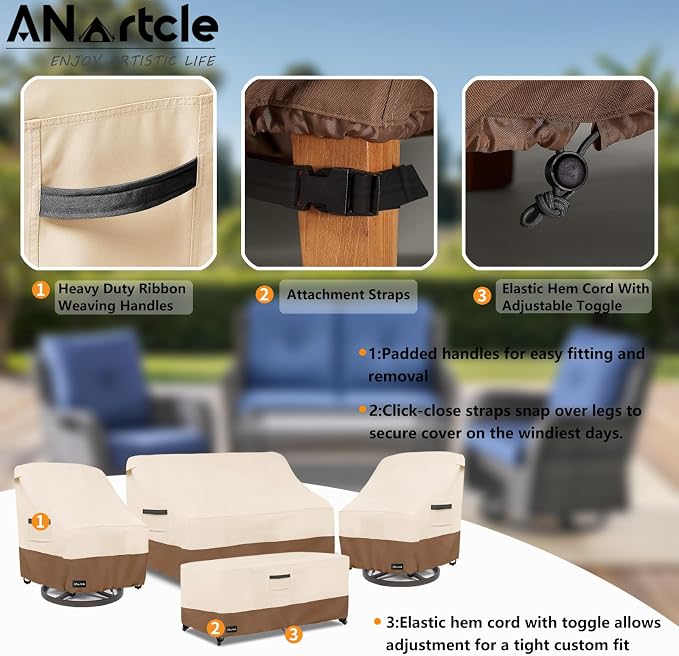 ANartcle Patio Furniture Covers 4 Piece Set, 600D Waterproof Heavy Duty Outdoor Furniture Covers,Fit Wicker Patio Sofa, Swivel Rocker Chair and Coffee Table,Beige&Brown - Image 3