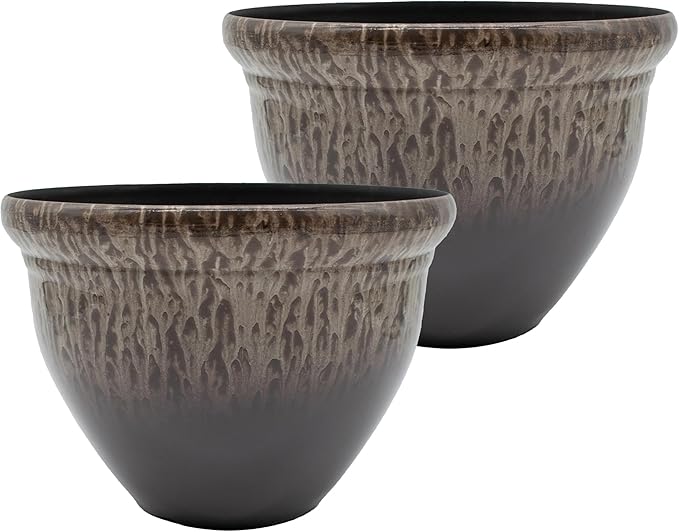 The HC Companies 9 Inch Pizzazz Round Planter Pots with Ceramic Look, Lightweight UV-Resistant Plastic Indoor & Outdoor Planters, 2-Pack Flower Pots for Garden & Home Decor, Foggy Gray
